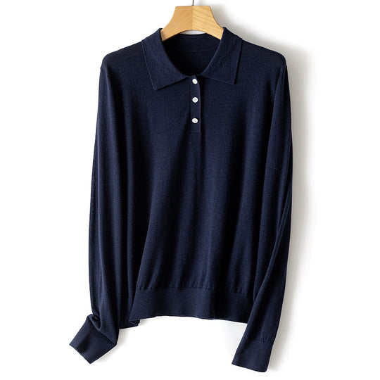 Damen Feiner Langarm-Polo-Pullover aus Feinstrick mit Knopfleiste Shop Nory