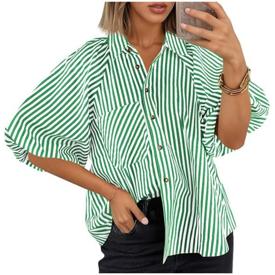 Damen Oversize Hemdbluse mit Ballonärmeln und vertikalem Streifenmuster Shop Nory