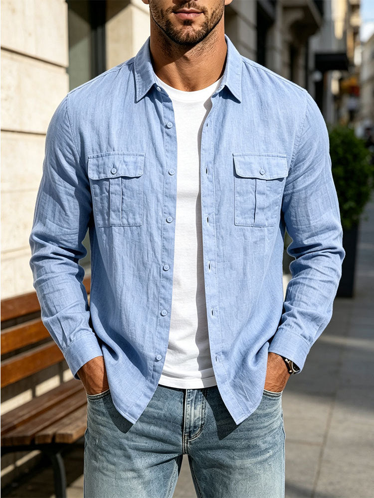 Herren Leichte Hemdjacke aus Baumwoll-Leinen mit Brusttaschen und lockerer Passform Shop Nory