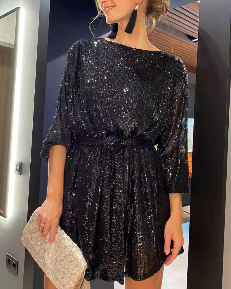 Damen Glamouröses Cocktailkleid mit funkelnden Lurex-Fäden und elastischem Taillengürtel