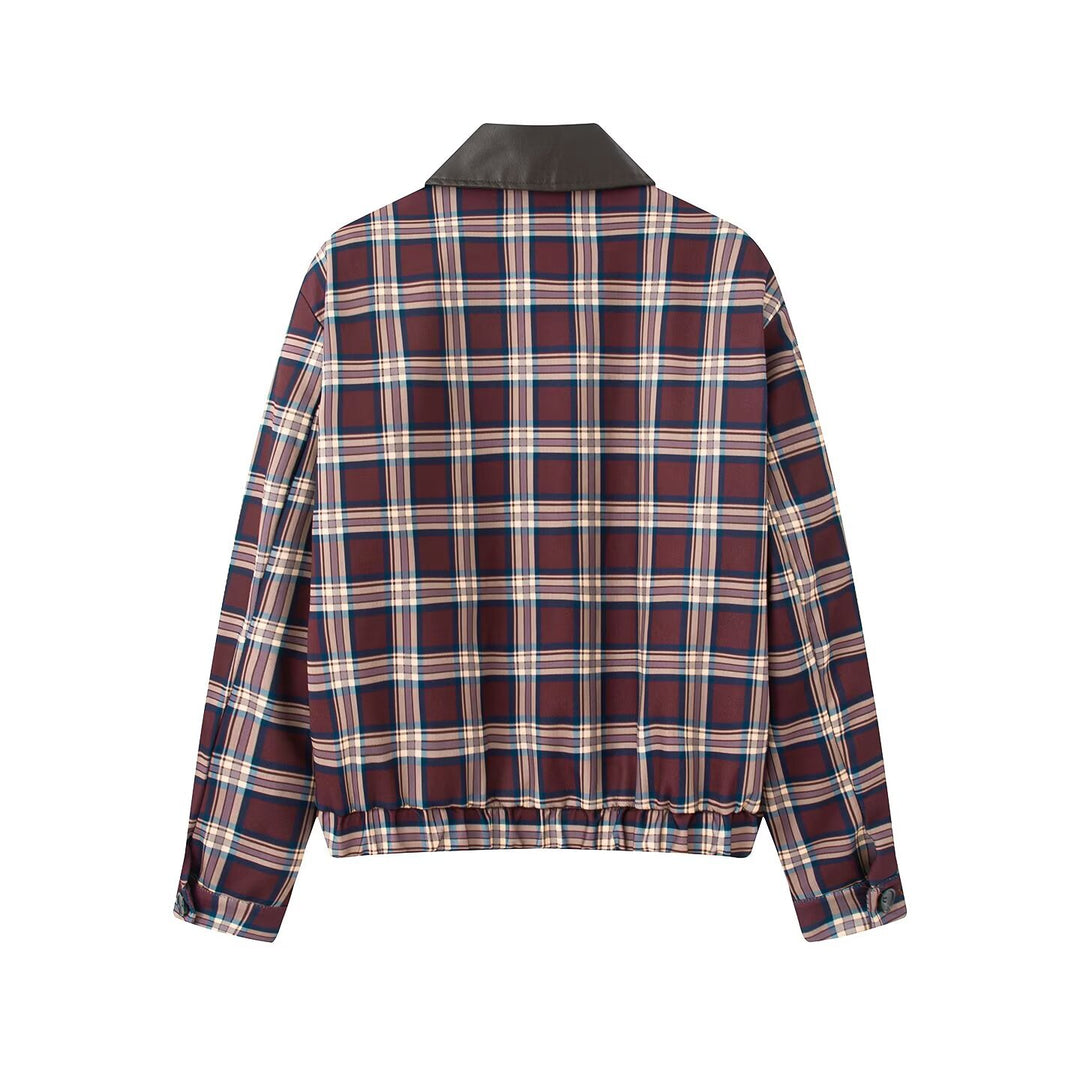 Damen Kurzgeschnittenes kariertes Blouson mit Kunstlederkragen, Reißverschluss und elastischem Saum Shop Nory