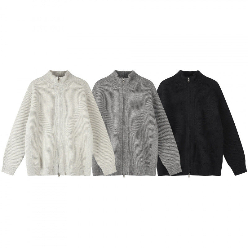 Unisex Grobgestrickter Reißverschluss-Strickcardigan mit Stehkragen und Rippstruktur Shop Nory