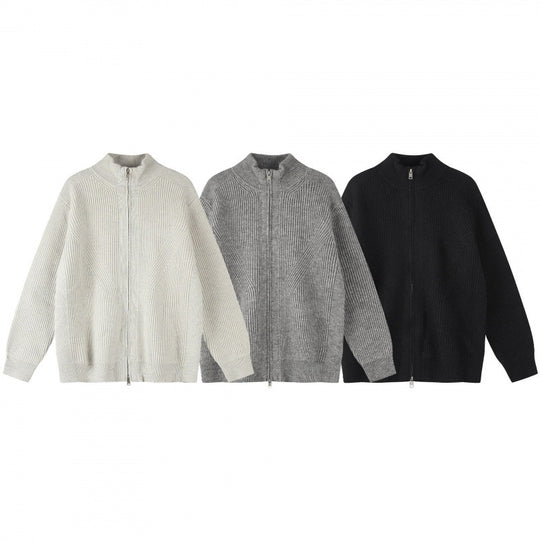 Unisex Grobgestrickter Reißverschluss-Strickcardigan mit Stehkragen und Rippstruktur Shop Nory