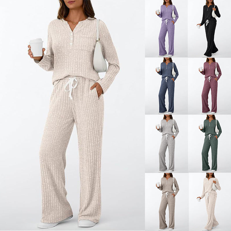 Damen Rippstrick-Lounge-Set mit Knopfleiste und weitem Kordelbund-Hose Shop Nory