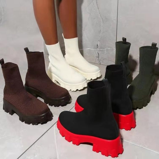 Damen Strick-Sock-Boots mit elastischem Schaft und kontrastierender Profilplateau-Sohle Shop Nory