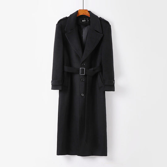 Herren Bodenlanger Einreihiger Wollmix-Mantel mit markantem Revers und Schulterriegel Shop Nory
