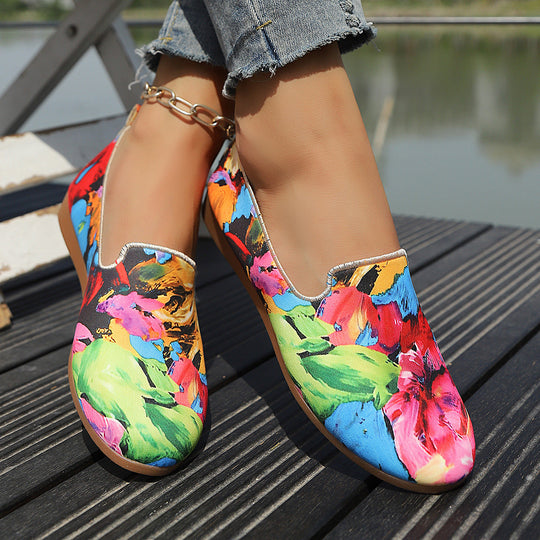 Damen Slip-On Mokassins mit buntem Pflanzenmuster Shopnory