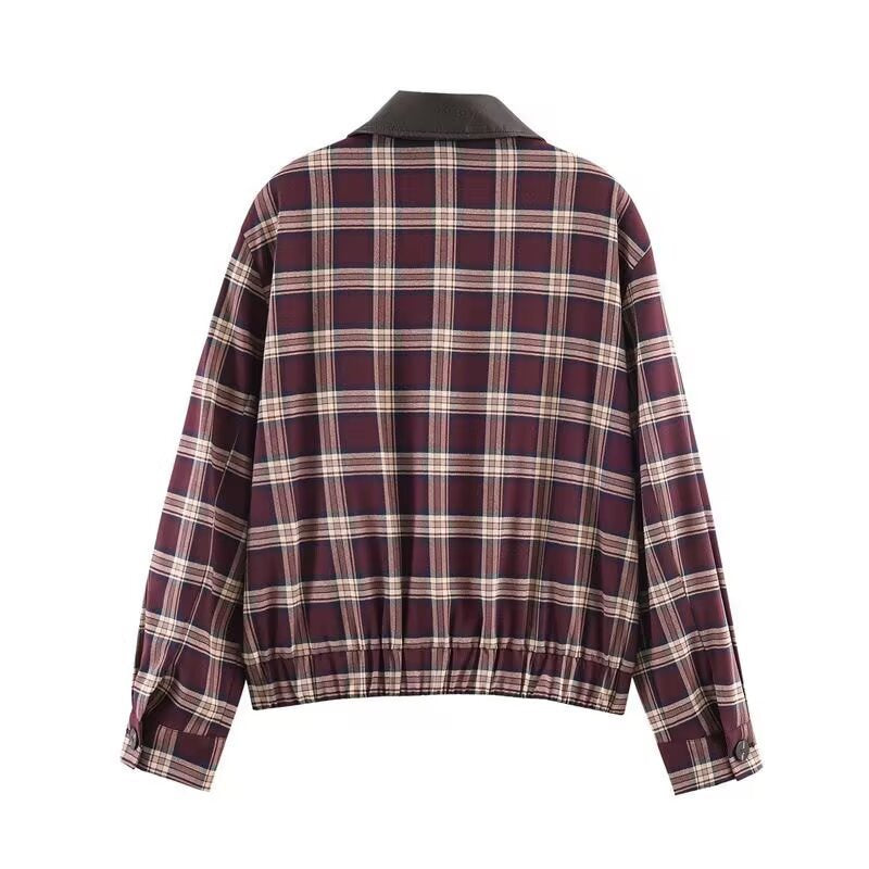 Damen Karierte Blousonjacke mit kontrastierendem Lederkragen und elastischem Saum Shop Nory