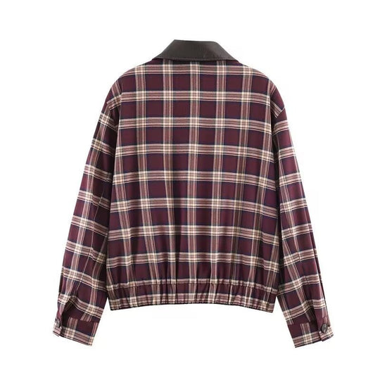 Damen Karierte Blousonjacke mit kontrastierendem Lederkragen und elastischem Saum Shop Nory
