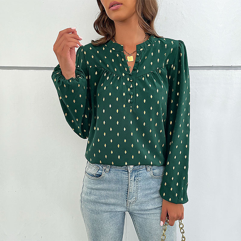 Damen Leichte Viskose-Bluse mit Stehkragen, Knopfleiste und feinem Tropfenprint Shop Nory