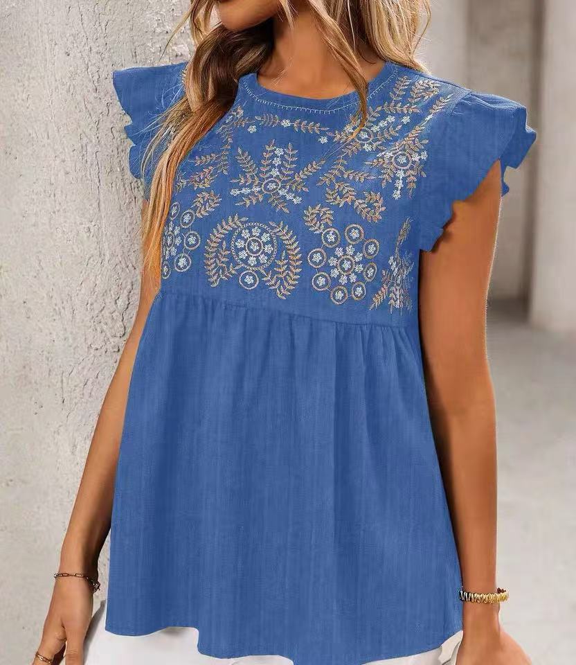 Damen Lockeres besticktes Babydoll-Top mit Rüschenärmeln Shop Nory