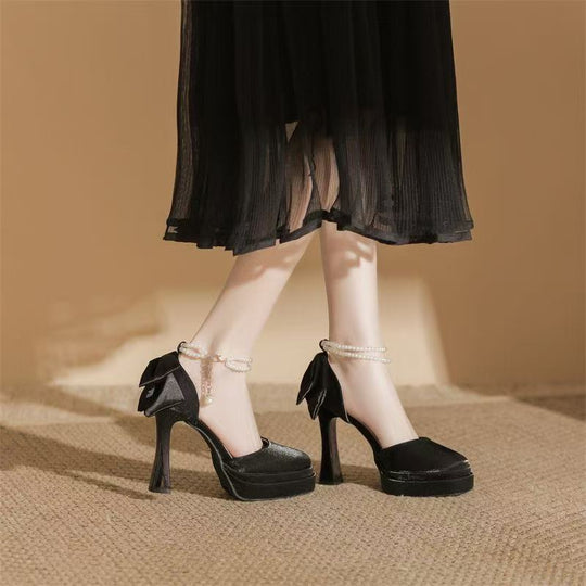 Damen Satin-Plateau-Pumps mit dekorativer Schleife und verstellbarem Knöchelriemen Shop Nory