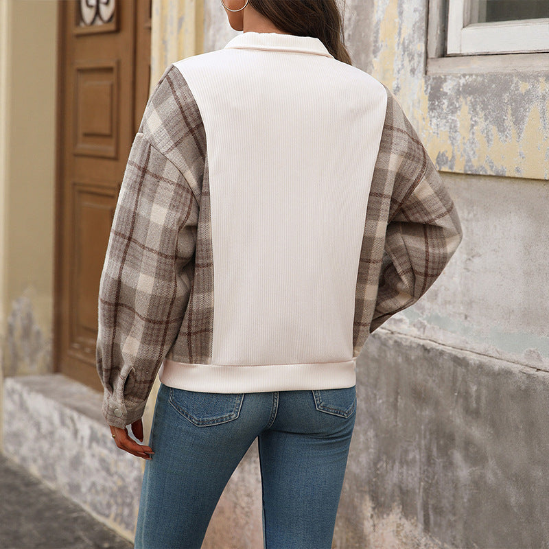 Damen Sweatshirt mit Stehkragen, Druckknopfleiste und karierten Flanellärmeln Shop Nory