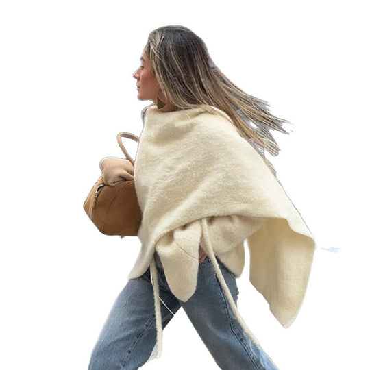 Damen Oversize Wollmix-Poncho mit asymmetrischem Fall und Bindebändern Shop Nory