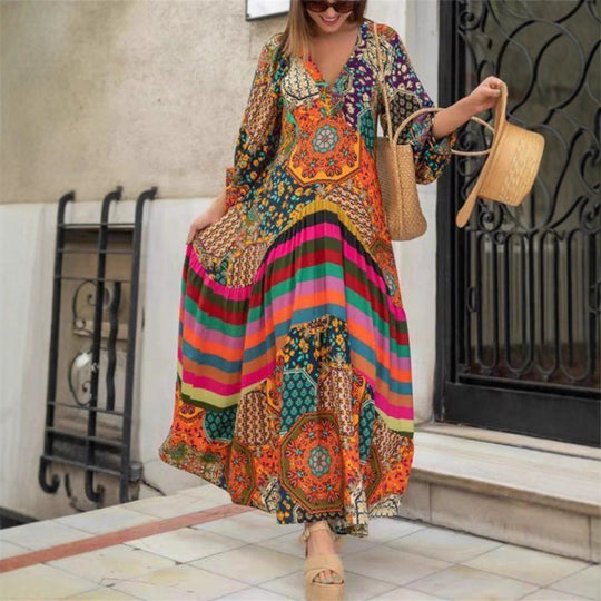 Damen Maxikleid mit buntem Patchwork-Design und voluminösen Ärmeln Shopnory