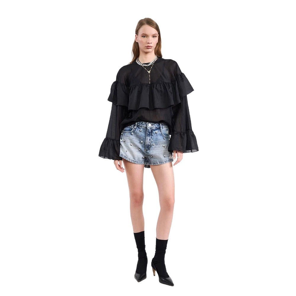 Damen Transparente Volantbluse mit doppelter Rüsche und Glockenärmeln Shop Nory