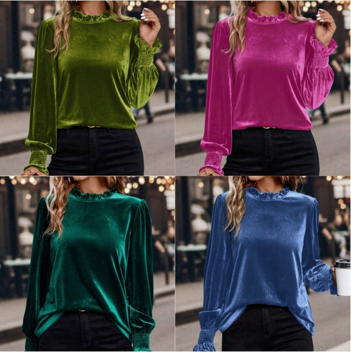 Damen Samtbluse mit Rüschenkragen, Ballonärmeln und Stretch-Smock-Bündchen Shop Nory