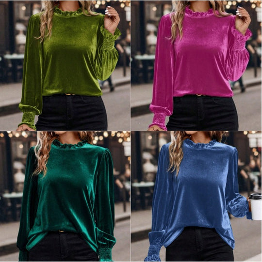 Damen Samtbluse mit Rüschenkragen, Ballonärmeln und Stretch-Smock-Bündchen Shop Nory