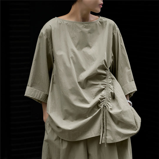 Damen Oversize-Bluse mit seitlicher Kordel‑Raffung, U‑Boot‑Ausschnitt und weiten Ärmeln Shop Nory