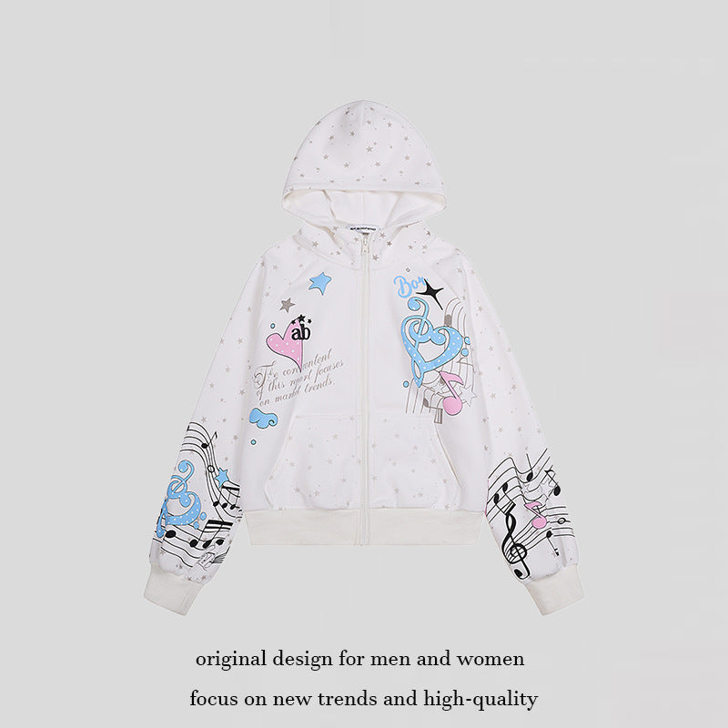 Damen Kapuzen-Sweatjacke mit Front-Reißverschluss, musikalischem Print und Sternchen-Design Shop Nory
