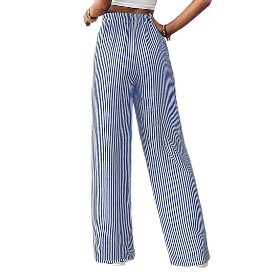 Damen Marlene-Streifenhose aus Leinenmix mit weitem Bein, Elastikbund und Kordelzug Shop Nory