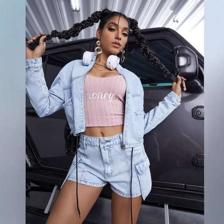 Damen kurzes Denim-Set mit Cropped-Jacke und Cargo-Shorts Shop Nory