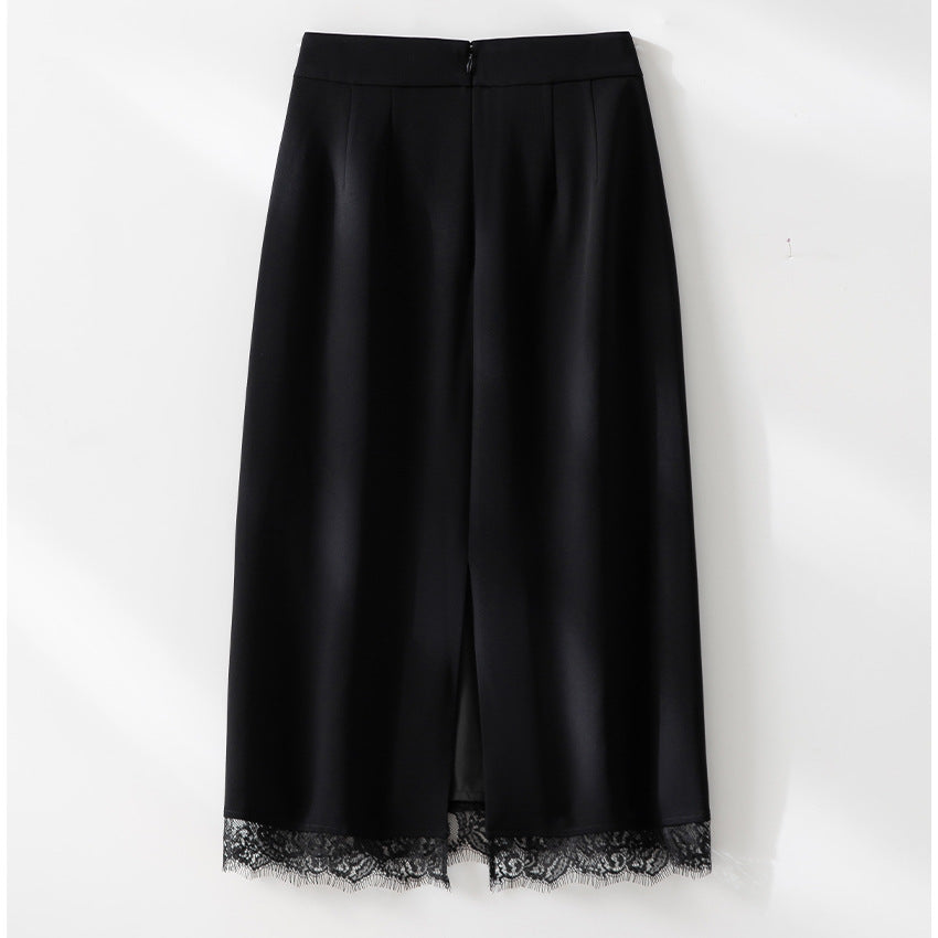 Damen Midirock aus Satin mit Spitzenbesatz und Seitentaschen Shop Nory