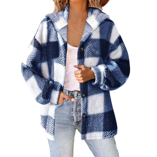 Damen nan kuschelige karierte Teddyjacke mit Kapuze, Knopfverschluss und oversized Schnitt Shop Nory