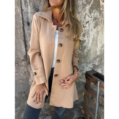 Damen leichter ausgestellter Strickmantel mit Knopfleiste und Stehkragen Shop Nory