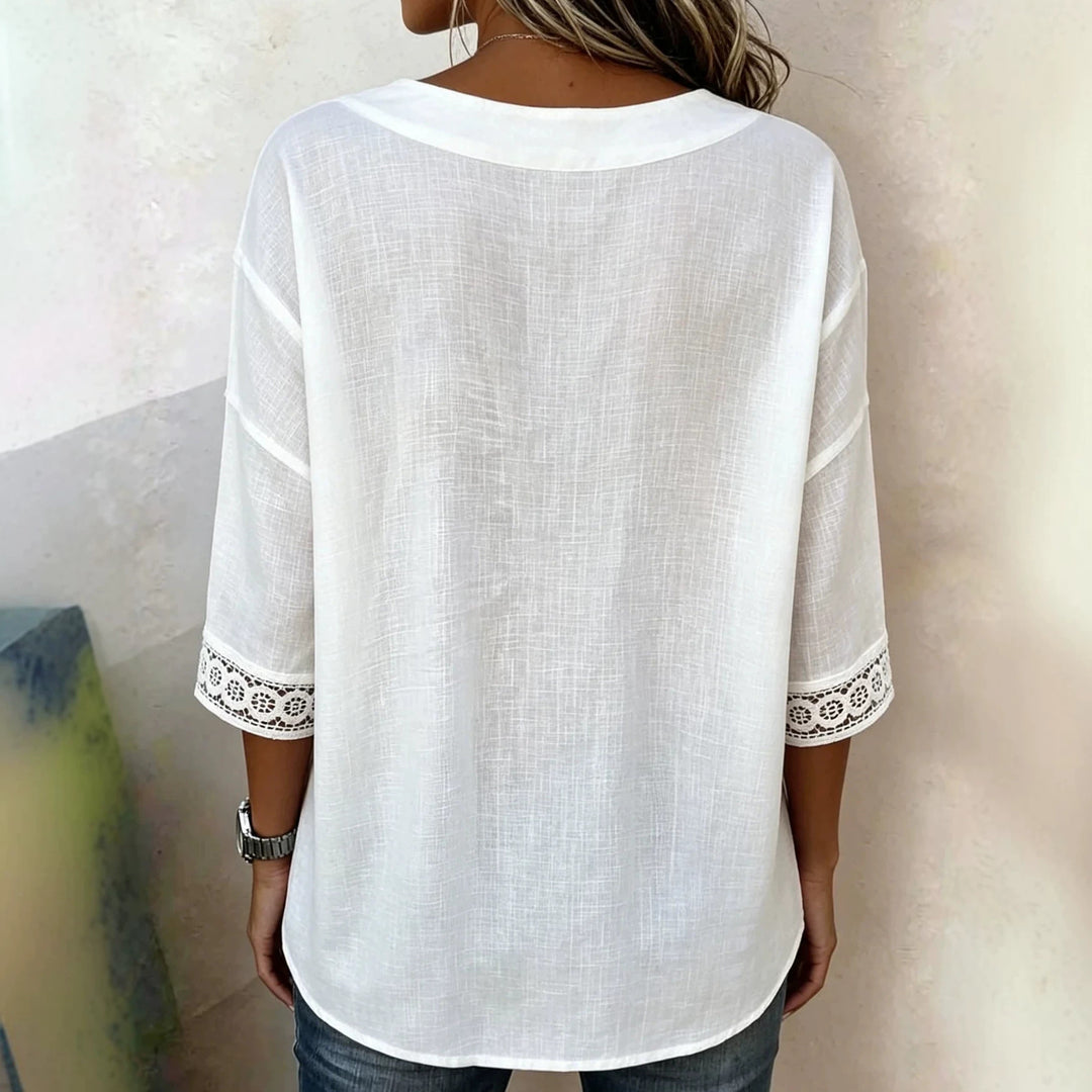 Damen Leichte V-Ausschnitt-Bluse mit Zierknopfleiste und Häkelspitzenärmeln Shop Nory