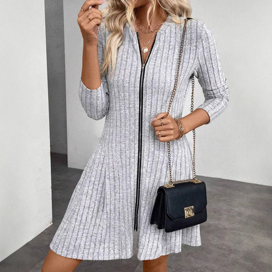 Damen Geripptes Strickkleid mit Frontreißverschluss und A-Linien-Silhouette Shop Nory