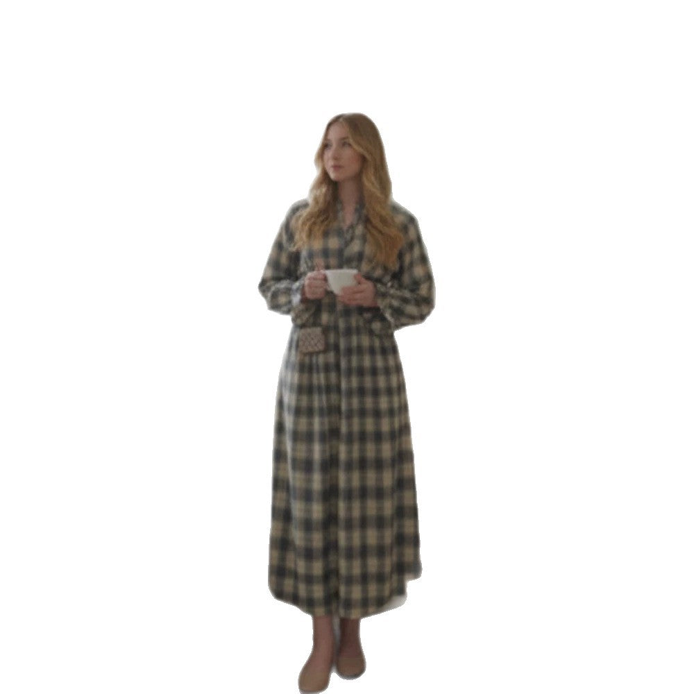 Damen Maxikleid im Karierten Hemdblusenstil mit Taillengürtel und Rüschenmanschetten Shop Nory