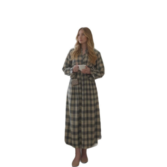 Damen Maxikleid im Karierten Hemdblusenstil mit Taillengürtel und Rüschenmanschetten Shop Nory