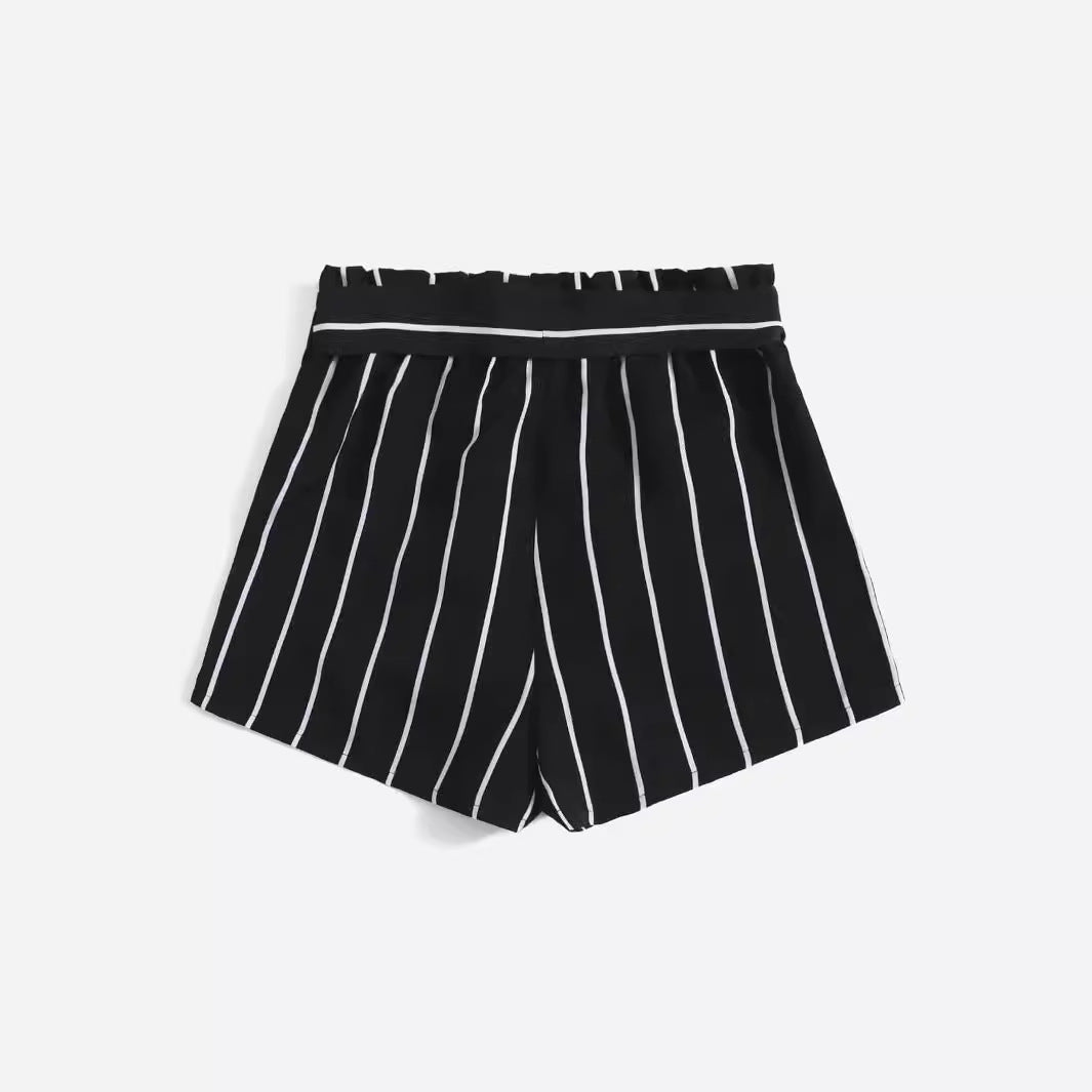 Damen gestreifte Freizeit-Shorts mit elastischem Bund und Bindegürtel