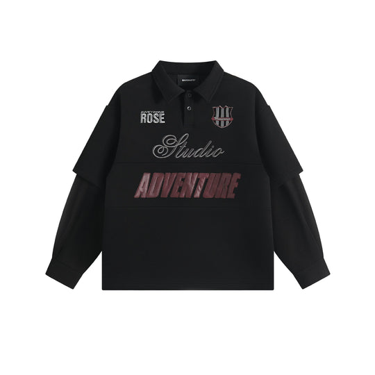 Damen Lagenlook-Sweatshirt mit Polokragen und aufgesetzten Stick-Patches Shop Nory