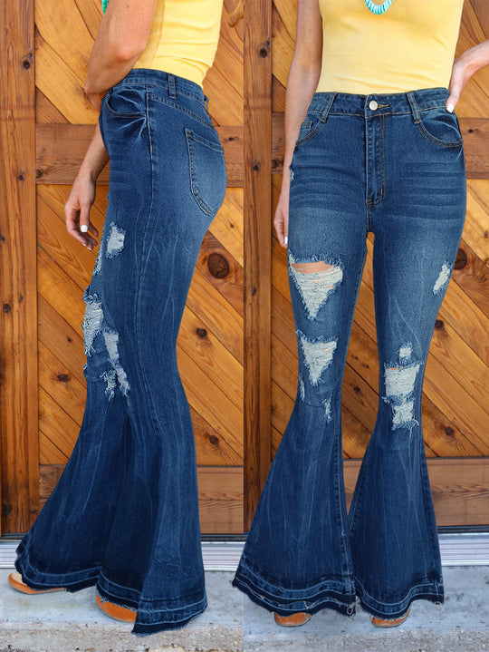 Damen Retro Schlagjeans mit hoher Taille, Destroyed‑Details und sculptendem Stretchbund Shop Nory