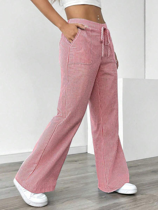 Damen weiche High-Waist Loungehose mit weitem Bein Tunnelzug und aufgesetzten Taschen Shop Nory