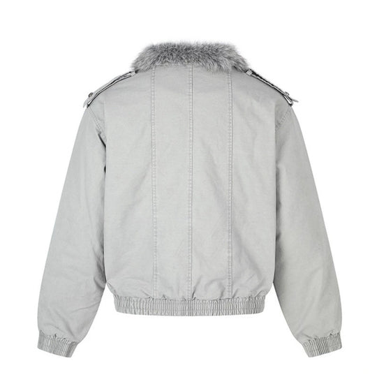 Damen wattierte Bomberjacke mit Kunstfellkragen, Nietenapplikation und Schulterklappen Shop Nory