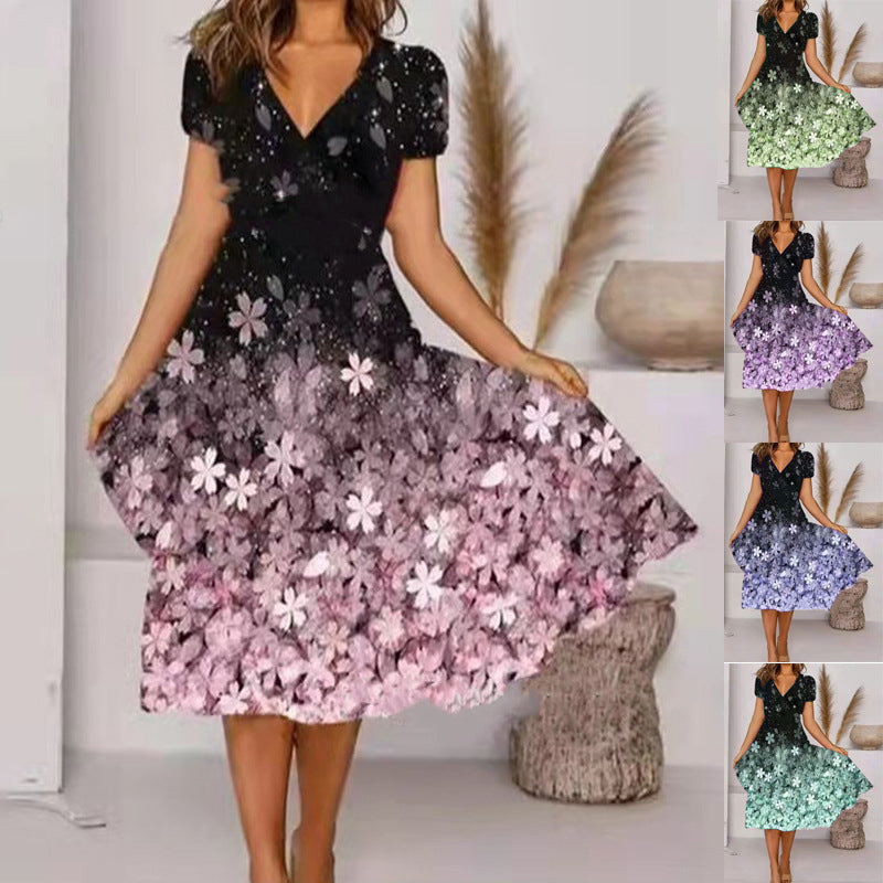Damen A-Linie Sommerkleid mit V-Ausschnitt und floralen Akzenten