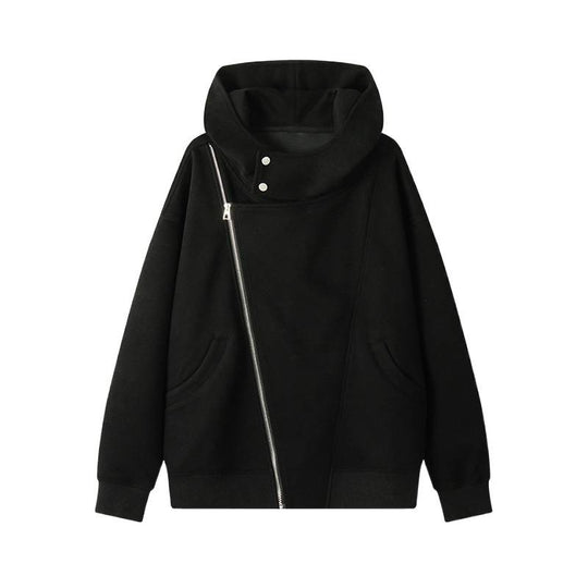 Damen asymmetrischer Kapuzenpullover mit hohem Kragen, diagonalem Reißverschluss und Kängurutaschen Shop Nory