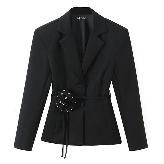 Damen Zweiteiliges tailliertes Blazer- und Midaxi-Rock-Set mit Rosenapplikation am Gürtel und Polka-Dot‑Rock Shop Nory