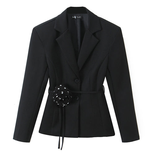 Damen Zweiteiliges tailliertes Blazer- und Midaxi-Rock-Set mit Rosenapplikation am Gürtel und Polka-Dot‑Rock Shop Nory