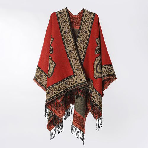Damen Weicher Paisley-Jacquard Ruana-Überwurf mit V‑Ausschnitt und Fransen Shop Nory