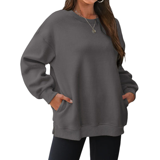 Damen nan verlängertes Oversize Rundhalspullover mit seitlichen Eingrifftaschen, Rippbündchen und überschnittener Schulter Shop Nory