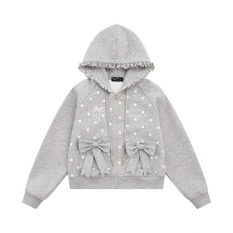 Damen Kapuzen‑Sweatjacke mit Rüschenkapuze, Polka‑Dot‑Muster und Zierschleifen Shop Nory