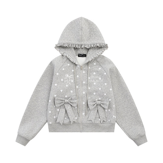 Damen Kapuzen‑Sweatjacke mit Rüschenkapuze, Polka‑Dot‑Muster und Zierschleifen Shop Nory