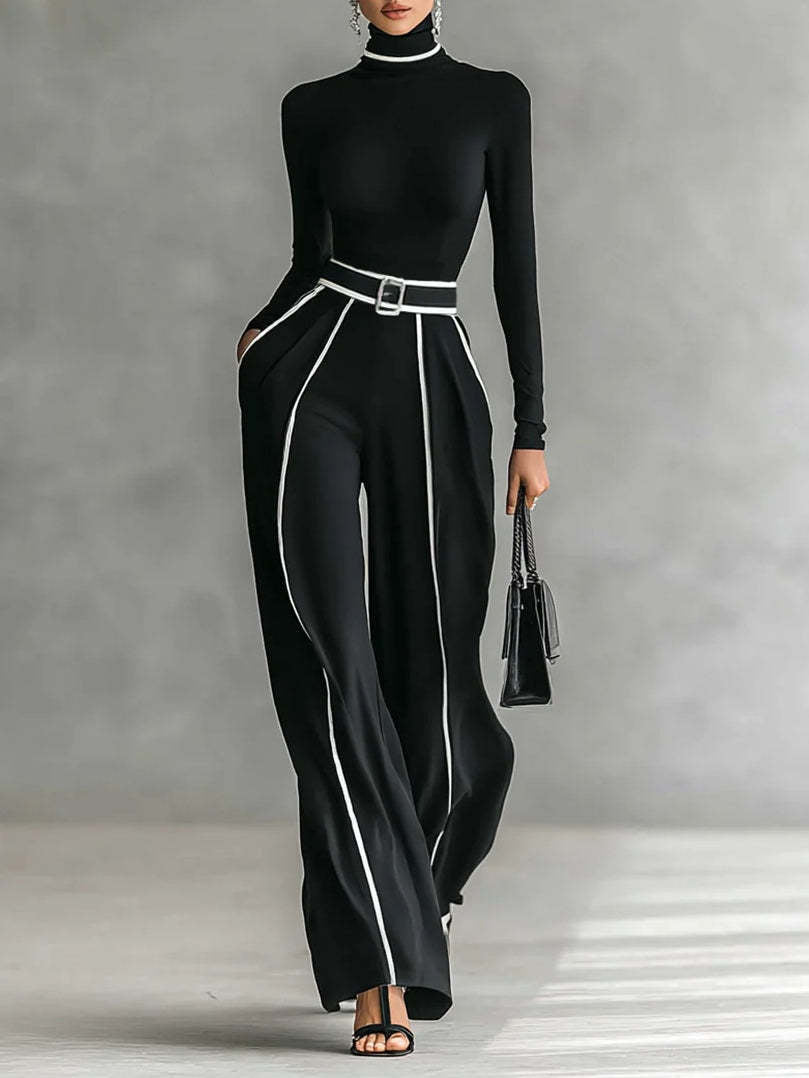 Damen nan elegantes Strickset mit tailliertem Rollkragenoberteil und weiter Plisseehose mit Taillengürtel