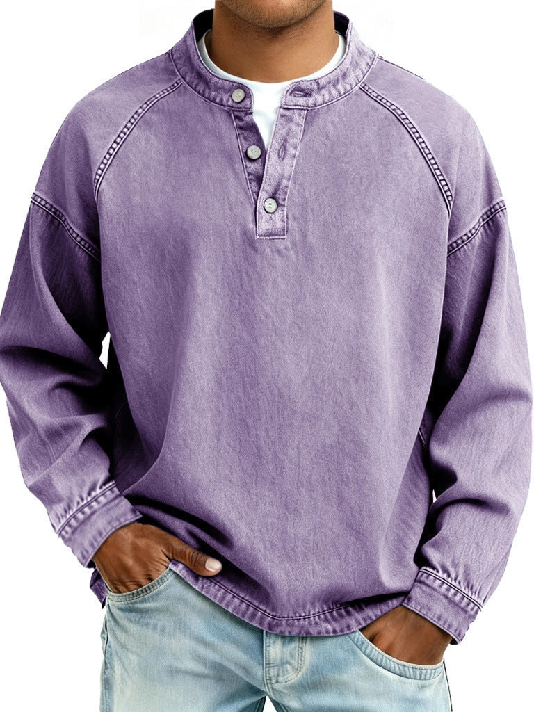 Herren nan verwaschenes Henley-Shirt mit Stehkragen, lockerer Passform und Knopfleiste Shop Nory