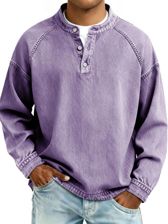Herren nan verwaschenes Henley-Shirt mit Stehkragen, lockerer Passform und Knopfleiste Shop Nory