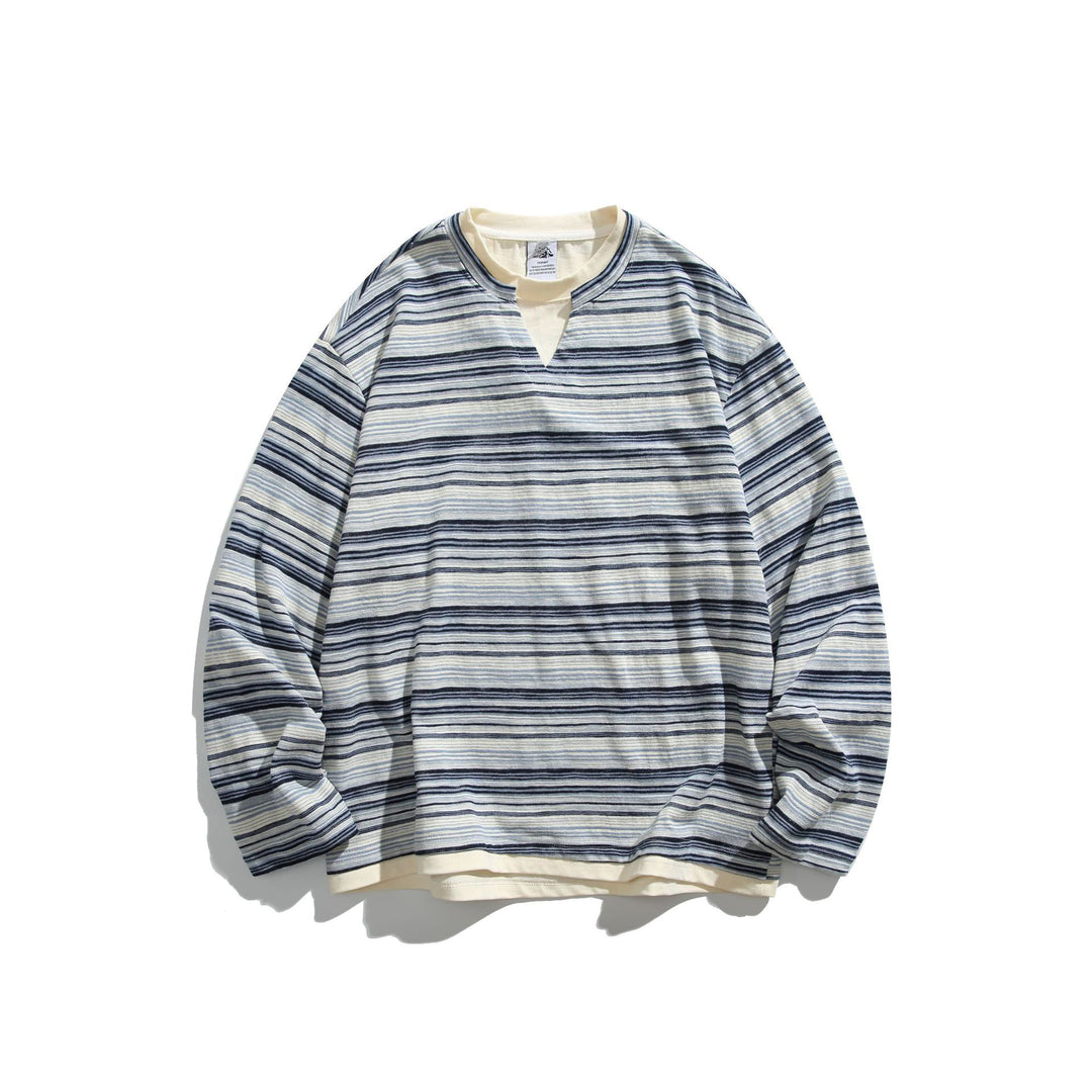 Unisex Gestreiftes Langarmshirt mit V-Notch und Lagen-Effekt Shop Nory